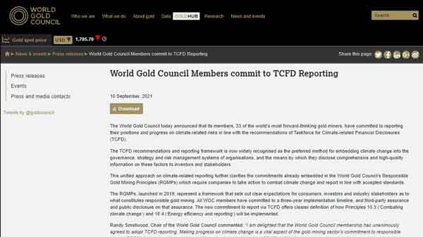赏金船长矿业等天下黄金协会成员允许凭证TCFD建议披露天气报告